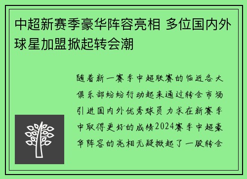 中超新赛季豪华阵容亮相 多位国内外球星加盟掀起转会潮