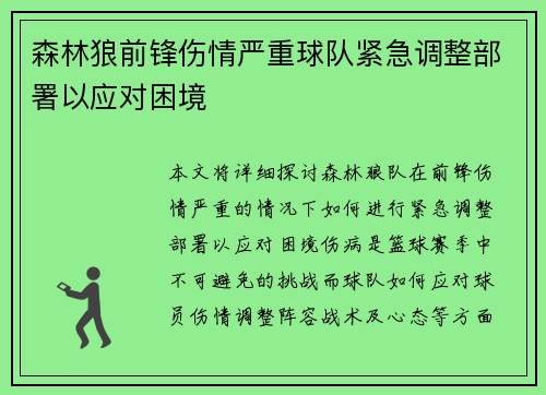 森林狼前锋伤情严重球队紧急调整部署以应对困境