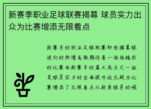 新赛季职业足球联赛揭幕 球员实力出众为比赛增添无限看点