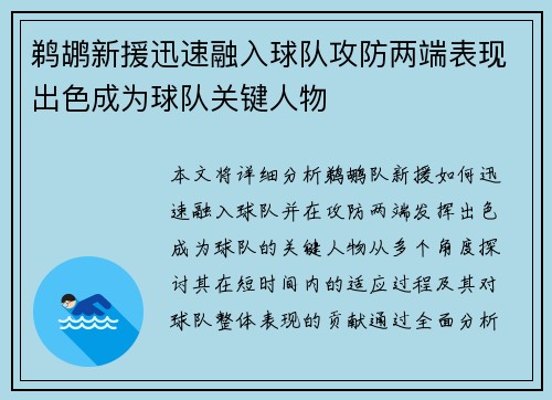 鹈鹕新援迅速融入球队攻防两端表现出色成为球队关键人物