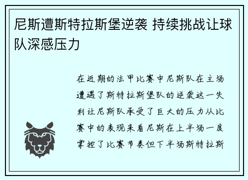 尼斯遭斯特拉斯堡逆袭 持续挑战让球队深感压力