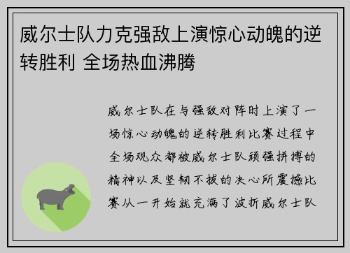 威尔士队力克强敌上演惊心动魄的逆转胜利 全场热血沸腾