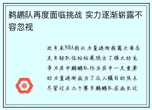 鹈鹕队再度面临挑战 实力逐渐崭露不容忽视