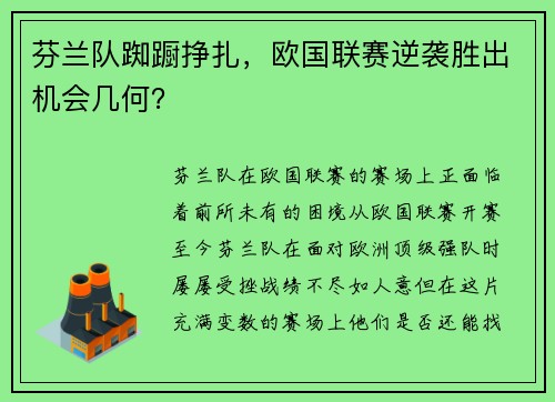 芬兰队踟蹰挣扎，欧国联赛逆袭胜出机会几何？