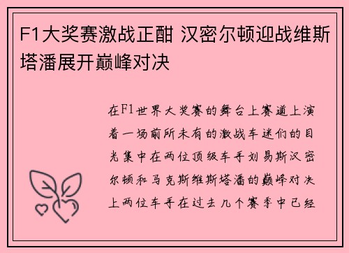F1大奖赛激战正酣 汉密尔顿迎战维斯塔潘展开巅峰对决