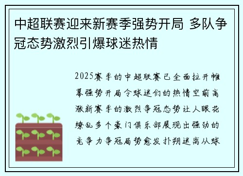 中超联赛迎来新赛季强势开局 多队争冠态势激烈引爆球迷热情