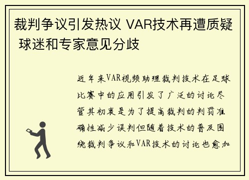 裁判争议引发热议 VAR技术再遭质疑 球迷和专家意见分歧